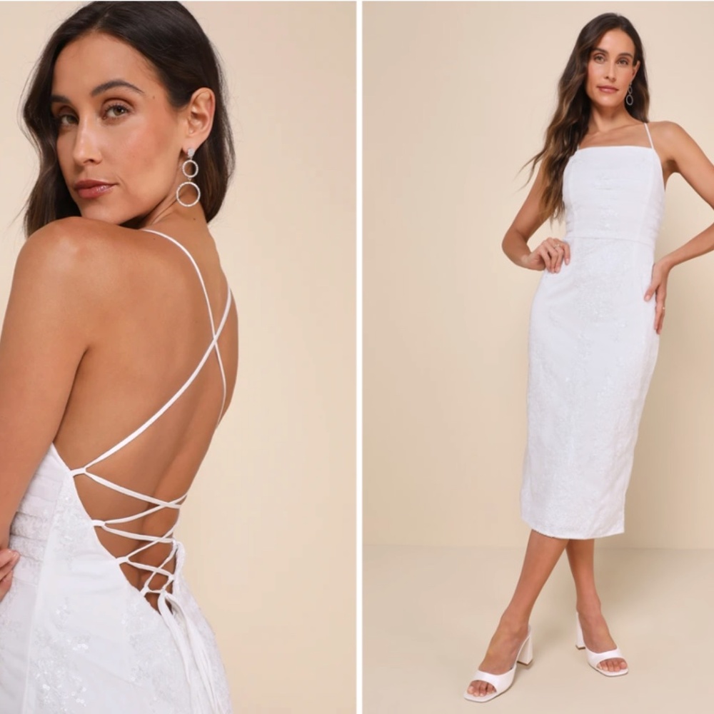 Lulu's White Lace-Up Back Midi Dress